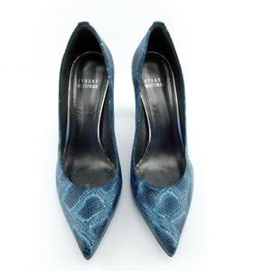 STUART WEITZMAN Blue Snake Textured Leather SW Logo Block Heels Pumps 7
